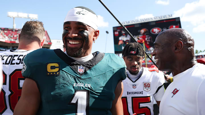 Sep 28, 2025; Tampa, Florida, USA; Philadelphia Eagles quarterback Jalen Hurts (1) smiles after the game against the Tampa Bay Buccaneers at Raymond James Stadium. Sep 28, 2025; Tampa, Florida, USA; Philadelphia Eagles quarterback Jalen Hurts (1) smiles after the game against the Tampa Bay Buccaneers at Raymond James Stadium.