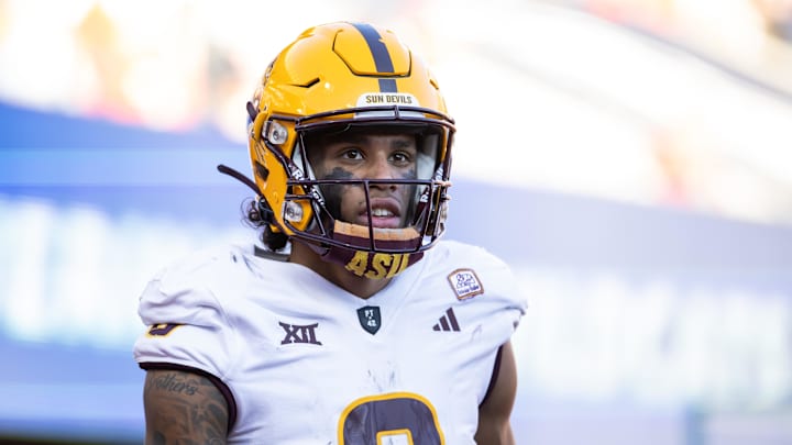 Nov 30, 2024; Tucson, Arizona, USA; Arizona State Sun Devils wide receiver Jordyn Tyson (0) against the Arizona Wildcats during the Territorial Cup at Arizona Stadium. Mandatory Credit: Mark J. Rebilas-Imagn Images