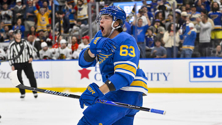 Oct 15, 2025; St. Louis, Missouri, USA; St. Louis Blues left wing Jake Neighbours (63) reacts after scoring against the Chicago Blackhawks during the first period at Enterprise Center. Mandatory Credit: Jeff Curry-Imagn Images