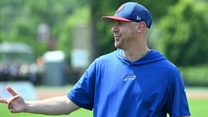 Buffalo Bills offensive coordinator Joe Brady during training camp at St. John Fisher University. Buffalo Bills offensive coordinator Joe Brady during training camp at St. John Fisher University.