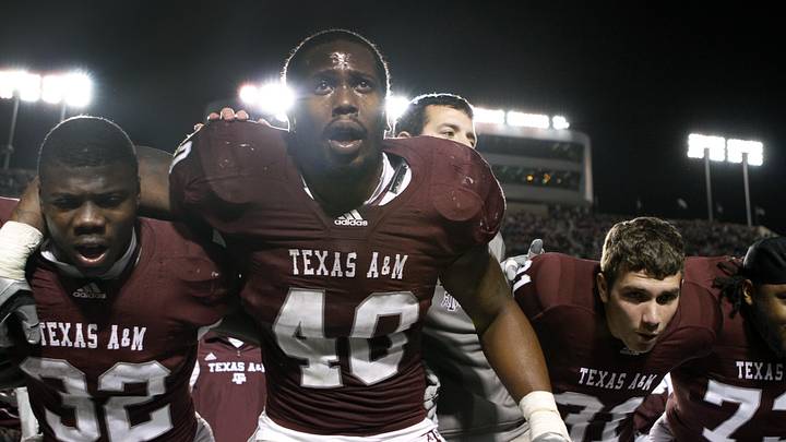 Texas A&M Aggies running back Cyrus Gray (32) and linebacker Von Miller (40) celebrate a victory against the Oklahoma Sooners in the fourth quarter at Kyle Field. Texas A&M defeated Oklahoma 33-19. Texas A&M Aggies running back Cyrus Gray (32) and linebacker Von Miller (40) celebrate a victory against the Oklahoma Sooners in the fourth quarter at Kyle Field. Texas A&M defeated Oklahoma 33-19.