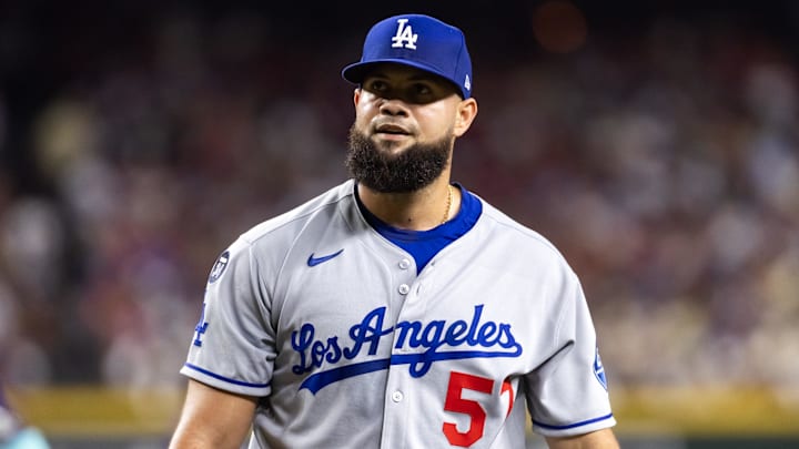 May 9, 2025; Phoenix, Arizona, USA; Los Angeles Dodgers pitcher Luis Garcia against the Arizona Diamondbacks at Chase Field. Mandatory Credit: Mark J. Rebilas-Imagn Images