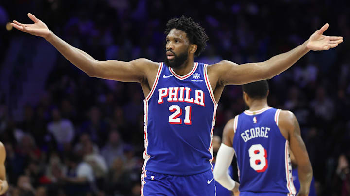 Jan 14, 2026; Philadelphia, Pennsylvania, USA; Philadelphia 76ers center Joel Embiid (21) reacts after his three pointer against the Cleveland Cavaliers during the third quarter at Xfinity Mobile Arena. Mandatory Credit: Bill Streicher-Imagn Images Jan 14, 2026; Philadelphia, Pennsylvania, USA; Philadelphia 76ers center Joel Embiid (21) reacts after his three pointer against the Cleveland Cavaliers during the third quarter at Xfinity Mobile Arena. Mandatory Credit: Bill Streicher-Imagn Images