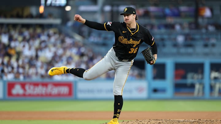Aug 10, 2024; Los Angeles, California, USA;  Pittsburgh Pirates starting pitcher Paul Skenes (30) pitches during the fifth inning against the Los Angeles Dodgers at Dodger Stadium. Mandatory Credit: Kiyoshi Mio-Imagn Images