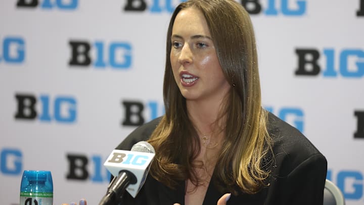 Northwestern’s Grace Sullivan speaks during Big Ten Women’s Basketball Media Days
