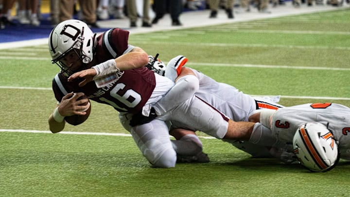 Dowling Catholic's Joey Nahas is down near the end zone during the semifinal round of the Iowa high school football state championships at the UNI-Dome on Friday, Nov. 14, 2025, in Cedar Falls. Dowling Catholic's Joey Nahas is down near the end zone during the semifinal round of the Iowa high school football state championships at the UNI-Dome on Friday, Nov. 14, 2025, in Cedar Falls.