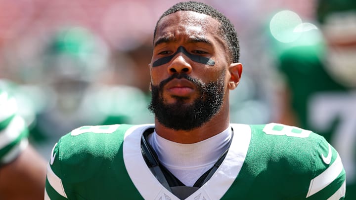 Sep 21, 2025; Tampa, Florida, USA; New York Jets safety Andre Cisco (8) looks on before a game against the Tampa Bay Buccaneers at Raymond James Stadium. Mandatory Credit: Nathan Ray Seebeck-Imagn Images