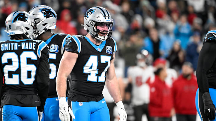 Dec 1, 2024; Charlotte, North Carolina, USA;  Carolina Panthers linebacker Josey Jewell (47) reacts in the third quarter at Bank of America Stadium. Mandatory Credit: Bob Donnan-Imagn Images