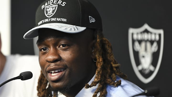 Apr 25, 2025; Henderson, NV, USA; Las Vegas Raiders first round draft pick in the 2025 NFL Draft Ashton Jeanty, speaks to the media at Intermountain Health Performance Center. 