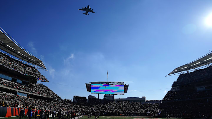 A military airplane flies over Paul Brown Stadium before kickoff of a Week 12 NFL football game between the Pittsburgh Steelers and the Cincinnati Bengals, Sunday, Nov. 28, 2021, at Paul Brown Stadium in Cincinnati. The Cincinnati Bengals won, 41-10.

Pittsburgh Steelers At Cincinnati Bengals Nov 28