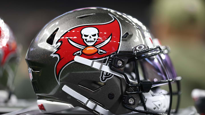 A Tampa Bay Buccaneers helmet is seen on the sidelines prior to a game against the New Orleans Saints at Caesars Superdome. 