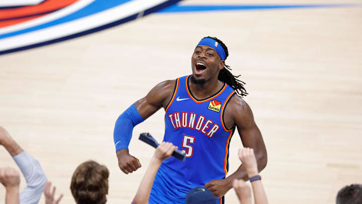 Jun 22, 2025; Oklahoma City, Oklahoma, USA; Oklahoma City Thunder guard Luguentz Dort (5) celebrates after a play against the Indiana Pacers during the second half during game seven of the 2025 NBA Finals at Paycom Center. Mandatory Credit: Alonzo Adams-Imagn Images
