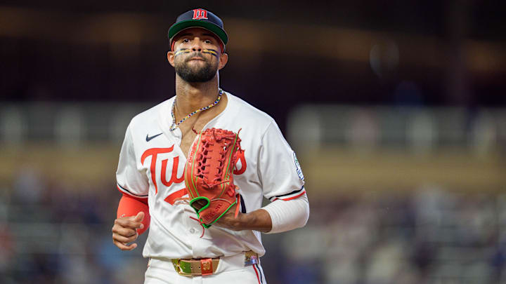 Jul 26, 2025; Minneapolis, Minnesota, USA; Minnesota Twins left fielder Willi Castro (50) walks to the dugout after the ninth inning against the Washington Nationals at Target Field. 