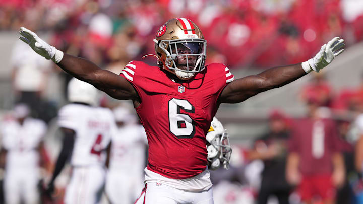 Oct 6, 2024; Santa Clara, California, USA; San Francisco 49ers safety Malik Mustapha (6) gestures after defending a pass against the Arizona Cardinals during the second quarter at Levi's Stadium. Mandatory Credit: Darren Yamashita-Imagn Images Oct 6, 2024; Santa Clara, California, USA; San Francisco 49ers safety Malik Mustapha (6) gestures after defending a pass against the Arizona Cardinals during the second quarter at Levi's Stadium. Mandatory Credit: Darren Yamashita-Imagn Images
