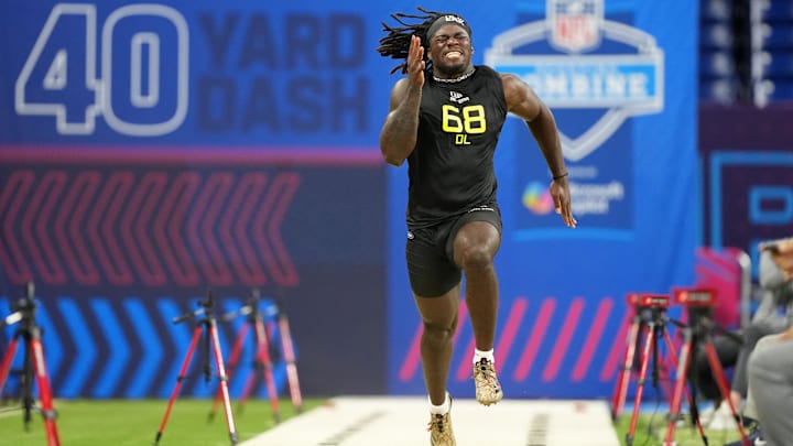 Texas A&M defensive lineman Shemar Stewart (DL68) participates in drills during the 2025 NFL Combine at Lucas Oil Stadium. 