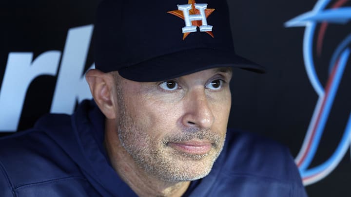 Aug 5, 2025; Miami, Florida, USA; Houston Astros manager Joe Espada (19) speaks with the media in the dugout against the Miami Marlins before the game at loanDepot Park. Aug 5, 2025; Miami, Florida, USA; Houston Astros manager Joe Espada (19) speaks with the media in the dugout against the Miami Marlins before the game at loanDepot Park.