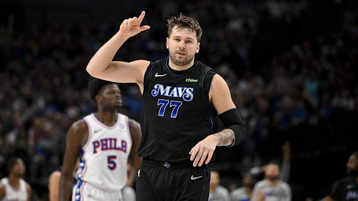 Mar 3, 2024; Dallas, Texas, USA; Dallas Mavericks guard Luka Doncic (77) celebrates after making a