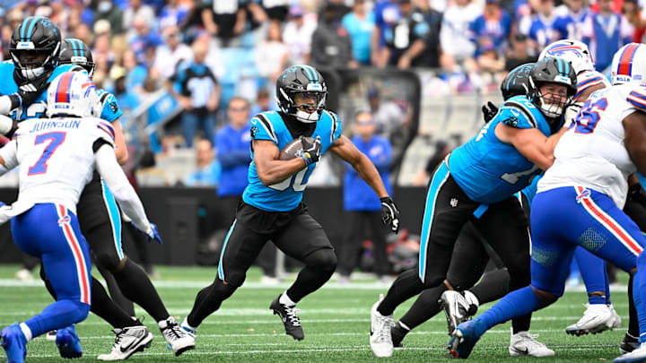 Oct 26, 2025; Charlotte, North Carolina, USA;  Carolina Panthers running back Chuba Hubbard (30) runs in the second quarter against the Buffalo Bills at Bank of America Stadium. Mandatory Credit: Bob Donnan-Imagn Images