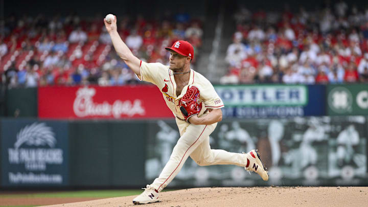 Aug 16, 2025; St. Louis, Missouri, USA;  St. Louis Cardinals starting pitcher Sonny Gray (54) pitches against the New York Yankees during the first inning at Busch Stadium. Mandatory Credit: Jeff Curry-Imagn Images