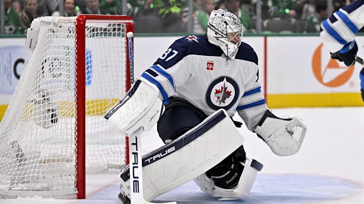 Winnipeg Jets goaltender Connor Hellebuyck in action during the game between the Dallas Stars and the Winnipeg Jets.