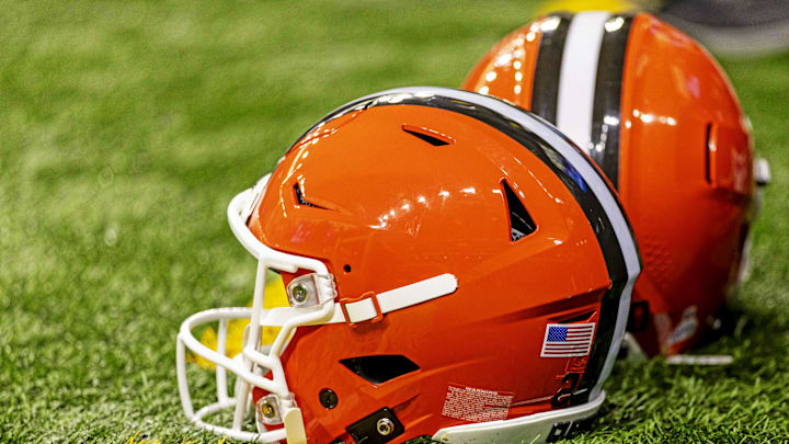 Sep 28, 2025; Detroit, Michigan, USA; A general view of the Cleveland Browns helmets on the field before the game against the Detroit Lions at Ford Field. Mandatory Credit: David Reginek-Imagn Images