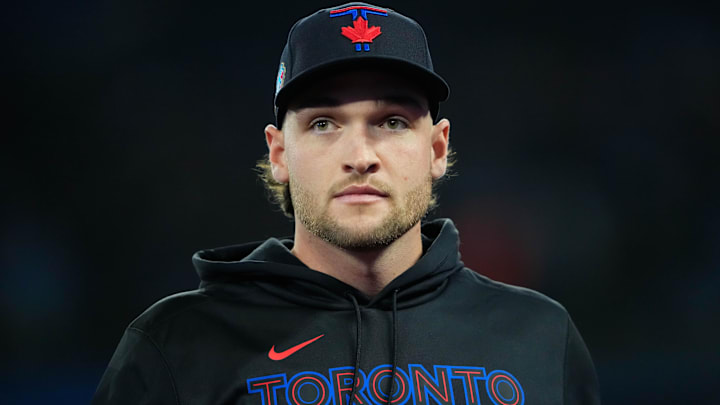 Apr 24, 2026; Toronto, Ontario, CAN; Toronto Blue Jays pitcher Trey Yesavage (39) looks on before playing the Cleveland Guardians at Rogers Centre. 