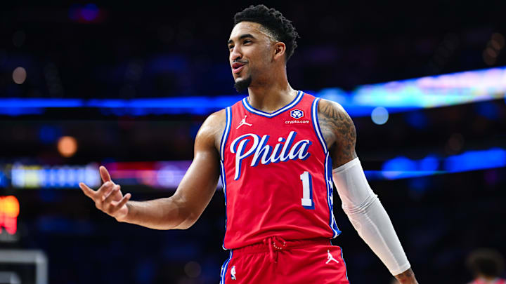 Dec 20, 2024; Philadelphia, Pennsylvania, USA; Philadelphia 76ers forward KJ Martin (1) reacts against the Charlotte Hornets in the first quarter at Wells Fargo Center. Mandatory Credit: Kyle Ross-Imagn Images