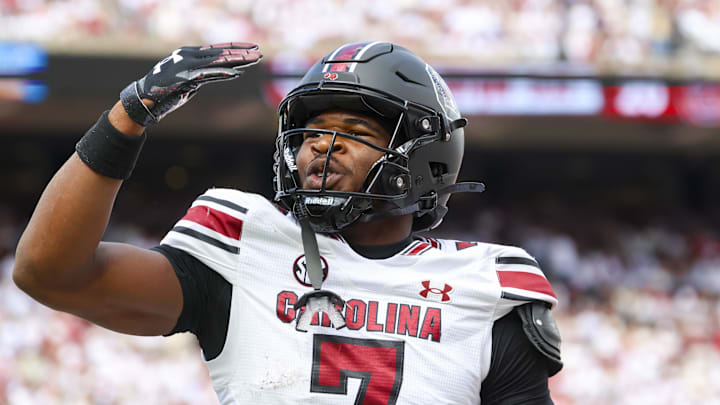 South Carolina Gamecocks defensive back Nick Emmanwori reacts after returning an interception for a touchdown during the first half against the Oklahoma Sooners. South Carolina Gamecocks defensive back Nick Emmanwori reacts after returning an interception for a touchdown during the first half against the Oklahoma Sooners.