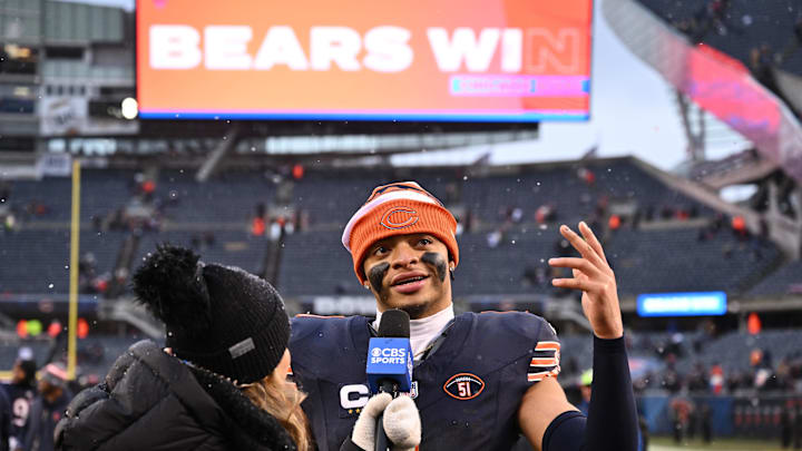 Dec 31, 2023; Chicago, Illinois, USA;  Chicago Bears quarterback Justin Fields (1) is interviewed on