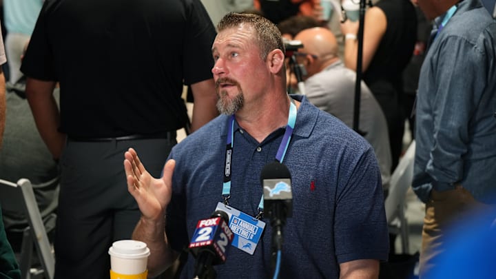 Apr 1, 2025; Palm Beach, FL, USA;  Detroit Lions head coach Dan Campbell answers questions from the media during the NFL Annual League Meeting at The Breakers. Mandatory Credit: Jim Rassol-Imagn Images