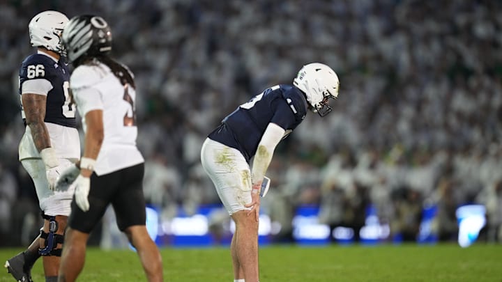 Penn State Nittany Lions quarterback Drew Allar (15) reacts during the fourth quarter against the Oregon Ducks at Beaver Stadium. 