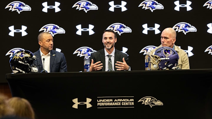 Jan 29, 2026; Owings Mills, MD, USA; Sashi Brown, Jesse Minter, and Eric DeCosta on the podium at the press conference introducing Jesse Minter at Under Armour Performance Center. Mandatory Credit: Lexi Thompson-Imagn Images Jan 29, 2026; Owings Mills, MD, USA; Sashi Brown, Jesse Minter, and Eric DeCosta on the podium at the press conference introducing Jesse Minter at Under Armour Performance Center. Mandatory Credit: Lexi Thompson-Imagn Images