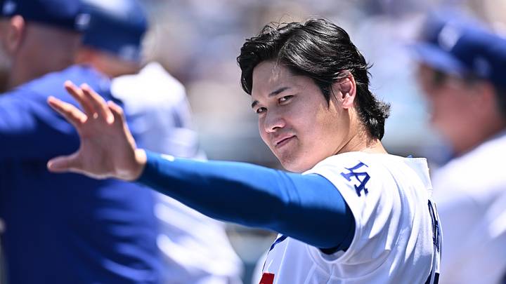 Jun 7, 2026; Los Angeles, California, USA;  Los Angeles Dodgers two-way player Shohei Ohtani (17) in the dugout during the second inning of a game against the Los Angeles Angels at Dodger Stadium. Mandatory Credit: William Liang-Imagn Images
