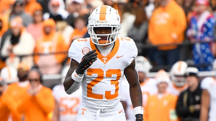 Nov 30, 2024; Nashville, Tennessee, USA;  Tennessee Volunteers defensive back Boo Carter (23) against the Vanderbilt Commodores during the second half at FirstBank Stadium. Mandatory Credit: Steve Roberts-Imagn Images