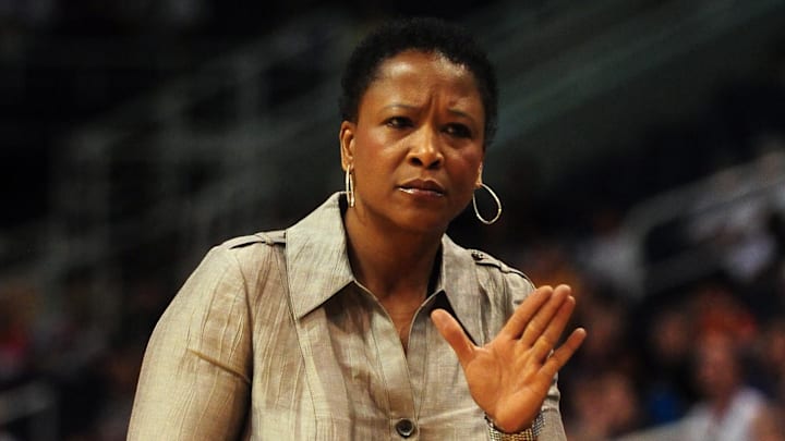 June 4, 2010; Phoenix, AZ, USA; Los Angeles Sparks head coach Jennifer Gillom reacts from the sidelines during the first half in at US Airways Center.  Mandatory Credit: Jennifer Stewart-Imagn Images