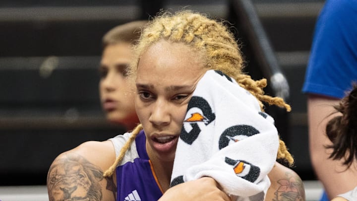 Jun 27, 2015; Minneapolis, MN, USA; Phoenix Mercury center Brittney Griner (42) sits on the bench in the first quarter against the Minnesota Lynx at Target Center. Mandatory Credit: Brad Rempel-Imagn Images