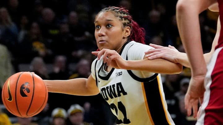 Iowa Hawkeyes guard Aaliyah Guyton (11) drives to the basket against the Nebraska Cornhuskers at the end of regulation Thursday, Jan. 16, 2025 at Carver-Hawkeye Arena in Iowa City, Iowa.