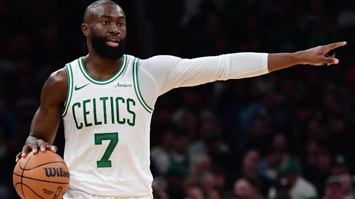 Feb 27, 2026; Boston, Massachusetts, USA; Boston Celtics guard Jaylen Brown (7) controls the ball during the second half against the Brooklyn Nets at TD Garden. Mandatory Credit: Bob DeChiara-Imagn Images