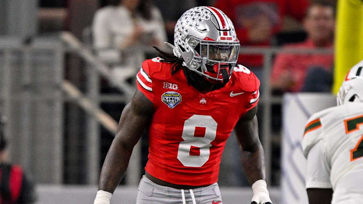 Dec 31, 2025; Arlington, TX, USA; Ohio State Buckeyes linebacker Arvell Reese (8) gets into position during the 2025 Cotton Bowl and quarterfinal game of the College Football Playoff at AT&T Stadium. Mandatory Credit: Jerome Miron-Imagn Images