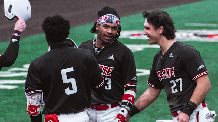 NC State outfielder Andrew Wiggins celebrates a home run at home plate in the Wolfpack's 17-4 win over Sacred Heart on Friday, Feb. 27, 2026. 