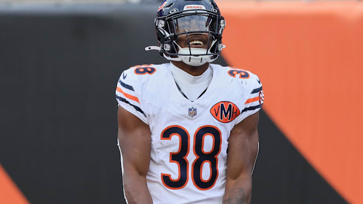 Nov 2, 2025; Cincinnati, Ohio, USA; Chicago Bears running back Brittain Brown (38) reacts after scoring a touchdown against the Cincinnati Bengals during the third quarter at Paycor Stadium. Mandatory Credit: Joseph Maiorana-Imagn Images