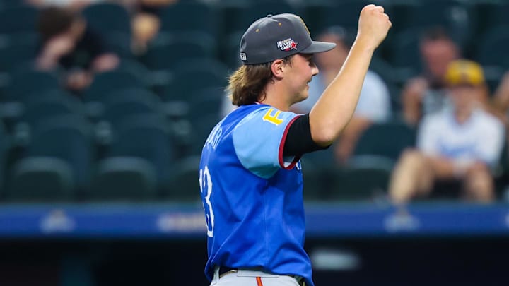 National League Future Pitcher Bubba Chandler reacts after the game against the American League Future team during the Major league All-Star Futures game at Globe Life Field.