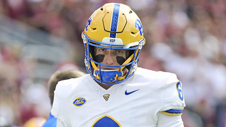Oct 11, 2025; Tallahassee, Florida, USA; Pittsburgh Panthers quarterback Mason Heintschel (6) before the game against the Florida State Seminoles at Doak S. Campbell Stadium. Mandatory Credit: Melina Myers-Imagn Images