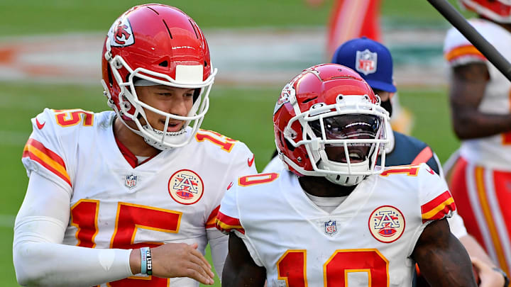 Dec 13, 2020; Miami Gardens, Florida, USA; Kansas City Chiefs wide receiver Tyreek Hill (10) celebrates his touchdown against the Miami Dolphins with quarterback Patrick Mahomes (15) during the second half at Hard Rock Stadium. Mandatory Credit: Jasen Vinlove-Imagn Images