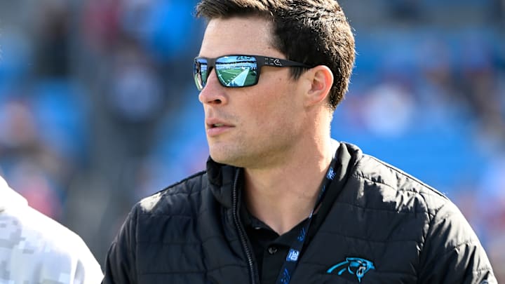 Nov 24, 2024; Charlotte, North Carolina, USA; Former Carolina Panthers linebacker Luke Kuechly on the sidelines before the game at Bank of America Stadium. 