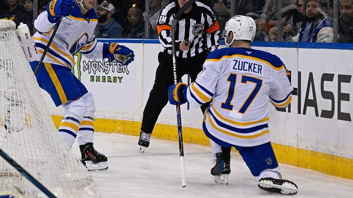 Apr 8, 2026; New York, New York, USA; Buffalo Sabres left wing Jason Zucker (17) celebrates his goal against the New York Rangers with Buffalo Sabres right wing Jack Quinn (22) during the third period at Madison Square Garden. Mandatory Credit: Dennis Schneidler-Imagn Images