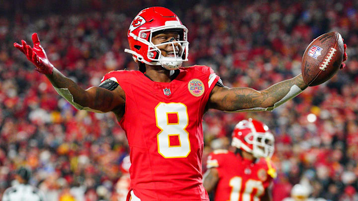 Dec 8, 2024; Kansas City, Missouri, USA; Kansas City Chiefs wide receiver DeAndre Hopkins (8) celebrates after scoring against the Los Angeles Chargers during the first half at GEHA Field at Arrowhead Stadium. Mandatory Credit: Denny Medley-Imagn Images Dec 8, 2024; Kansas City, Missouri, USA; Kansas City Chiefs wide receiver DeAndre Hopkins (8) celebrates after scoring against the Los Angeles Chargers during the first half at GEHA Field at Arrowhead Stadium. Mandatory Credit: Denny Medley-Imagn Images