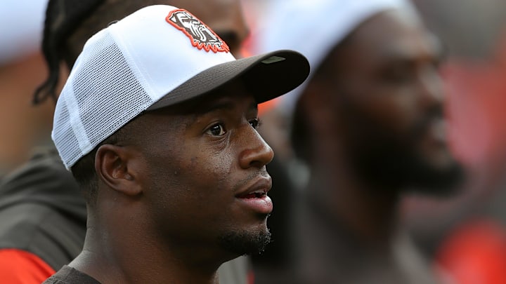 Cleveland Browns running back Nick Chubb takes in the crowd before an NFL preseason football game at Cleveland Browns Stadium, Saturday, Aug. 17, 2024, in Cleveland, Ohio.