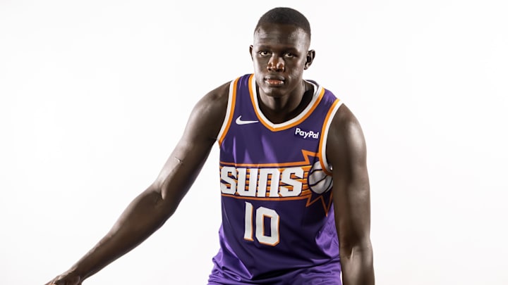 Sep 24, 2025; Phoenix, AZ, USA; Phoenix Suns center Khaman Maluach (10) poses for portrait during Media Day at PHX Arena. Mandatory Credit: Mark J. Rebilas-Imagn Images