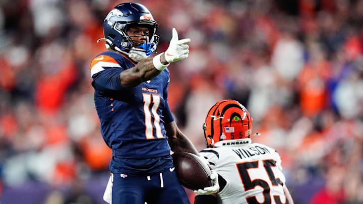 Sep 29, 2025; Denver, Colorado, USA; Denver Broncos wide receiver Troy Franklin (11) celebrates after making a catch during the second quarter against the Cincinnati Bengals at Empower Field at Mile High. Sep 29, 2025; Denver, Colorado, USA; Denver Broncos wide receiver Troy Franklin (11) celebrates after making a catch during the second quarter against the Cincinnati Bengals at Empower Field at Mile High.